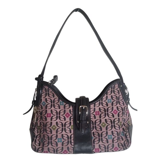 Fossil Monogram Shoulder Bag Purse Handbag Pink Black Leather Trim Flower Boho - Picture 1 of 13